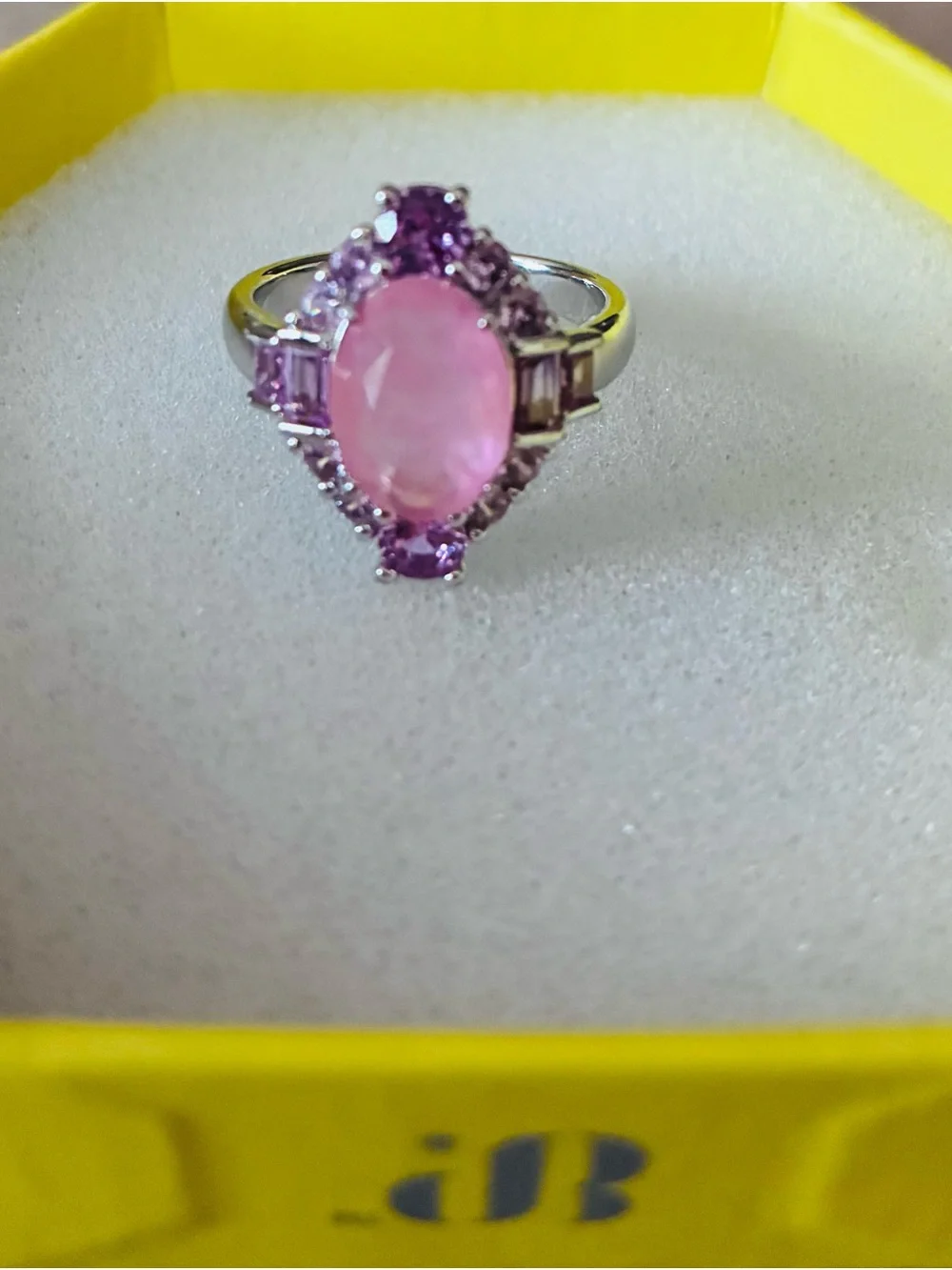 Pink Oval Halo Ring with Silver color Hematite plating Band - Women Jewelry